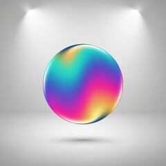 Fototapeta premium A colorful sphere floating in a gray room illuminated by two spotlights from the top corners of the frame
