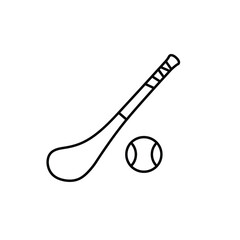A black line drawing of a hurley and a sliotar on a white background