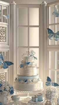 A beautifully decorated cake with blue accents, sitting by a window adorned with butterflies, creating a serene atmosphere.