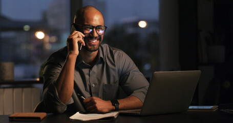 Happy, employee and man in office, phone call or financial advice for contact, accountant and...
