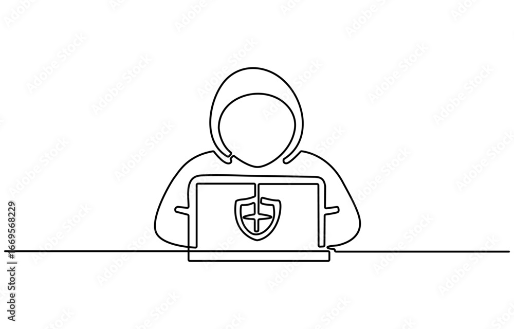 Poster continuous line drawing of hacker icon. hand drawn symbol vector illustration. minimalist design wit