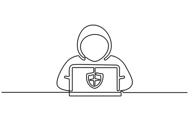 Continuous line drawing of Hacker Icon. Hand drawn symbol vector illustration. Minimalist design with thin blue and red lines.