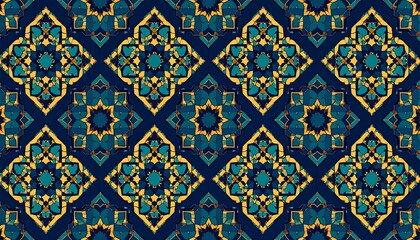 Obraz premium A repeating pattern of intricate, decorative tiles in a dark navy blue background, featuring rich teal and gold accents.