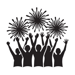 New Year Fireworks Celebration Crowd Silhouette Vector