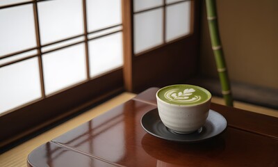 Enjoy a vibrant matcha latte art in traditional Japanese setting perfect for wellness blogs and cafe promotions