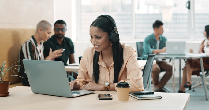 Laptop, headphones and webinar with business woman in office for onboarding program, learning and research. Video conference, streaming and online workshop with person in agency for training course