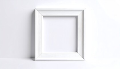 A simple, white picture frame rests against a clean, neutral backdrop, highlighting its elegant lines and minimalist design.