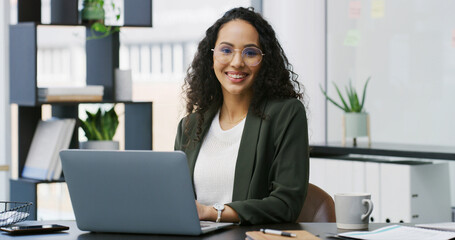Business woman, laptop and portrait in office for management, employee benefits and admin. Female person, technology or HR manager on internet for staff communication, compliance or recruitment