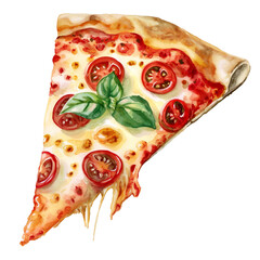 Hand-painted Watercolor illustration of pizza slice with cheese tomatoes and basil isolated on white PNG