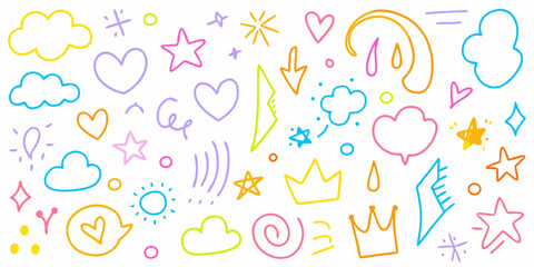 Colorful hand drawn doodle elements including clouds hearts stars and crowns on white background