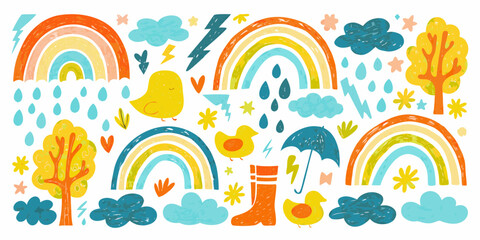 Cute Rainy Day Elements with Rainbows Ducks and Umbrellas vector illustration