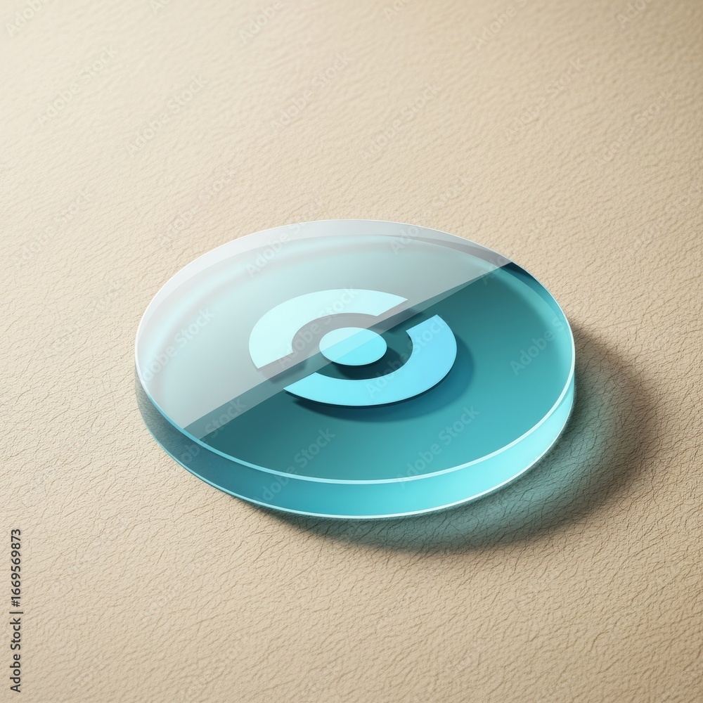 Poster a close up of a transparent teal disc with a circular design on a textured beige surface casting a s