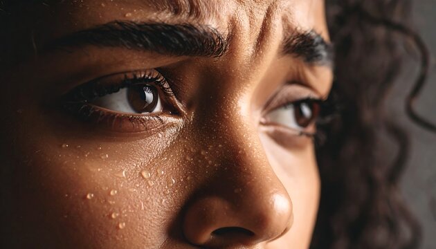 Close-up of a woman's face, showing sweat and a worried expression