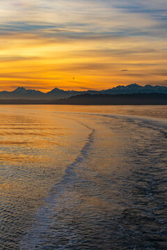 Boat wake from a Puget Sound ferry with view of the Olympic Mountains, Seattle, WA USA