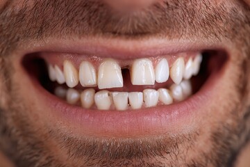 Frontal view of a man showing dental issues with uneven teeth and a noticeable gap, highlighting the effects of dental problems on appearance and smile confidence