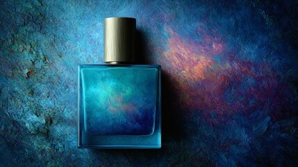 elegant blue perfume bottle with artistic backdrop - Elegant Blue Perfume Bottle on Artistic Textured Background, great for skincare visuals, fragrance product mockups, modern beauty ads