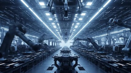 Robotic arms in factory Futuristic assembly line blue lighting industrial automation high quality professional