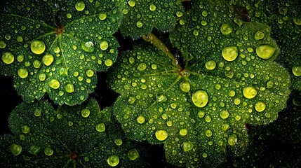 Close Up Green Leaves with Water Droplets Fresh Natural Botanical Background