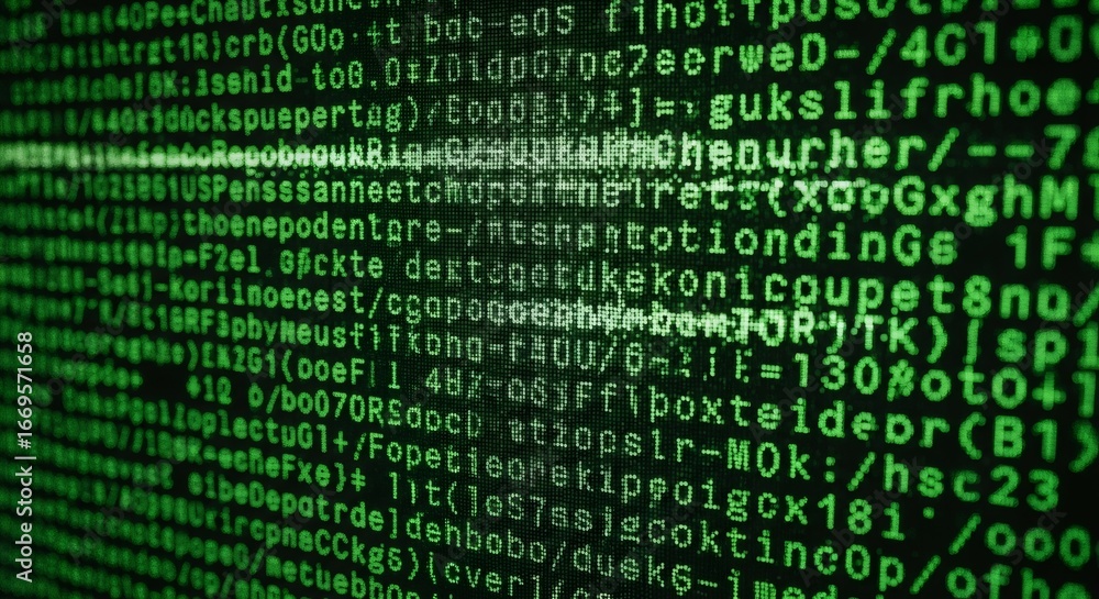 Poster green glowing digital code on a black screen background. abstract concept of programming, data, and 