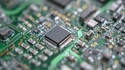 Close Up of Electronic Circuit Board with Microchip and Components in Green Color