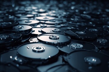 Close-up of Black Computer Hard Drives Storage Devices in Data Center