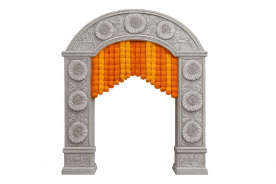 Stone arch decorated with orange flowers, creating a welcoming entrance for indian weddings, with transparent background for easy integration into designs