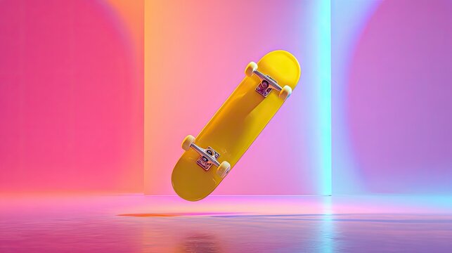 Neon-lit yellow skateboard, mid-air