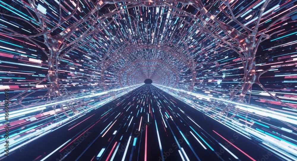 Poster futuristic tunnel with glowing light streaks and organic neuron-like structures. high-speed data flo