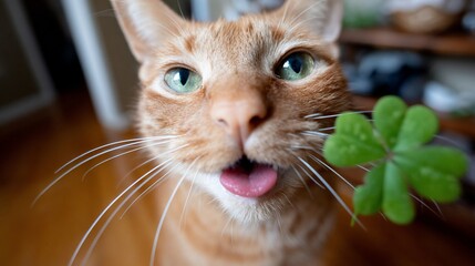 Close-up of Orange Cat with Blue Eyes and Pink Tongue Near Green Clover Leaf