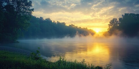 Fog lifting over a riverbank during a radiant sunrise Stock photo
