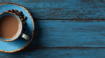 Coffee Cup with Coffee Beans on Blue Wooden Surface in Rustic Style