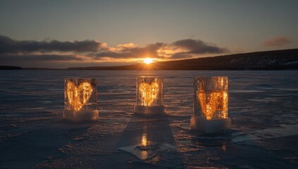Frozen Hearts Illuminated ice sculptures displaying hearts on a snowy expanse, set against a vibrant sunset, serene and romantic