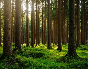 Obraz premium Sunlight filtering through a dense forest (2)