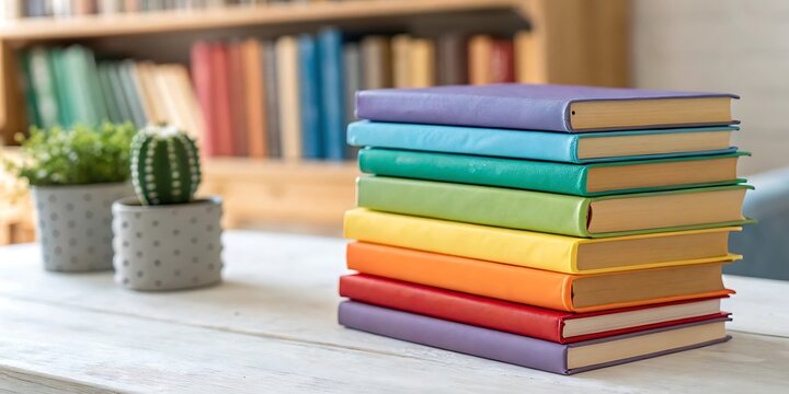 A vibrant stack of rainbow colored books sits on a wooden table accompanied by two potted cacti with a bookshelf filled with more books in the background