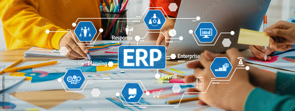 Poster engaging office environment showcasing teamwork and digital solutions focused on erp systems, enhanc