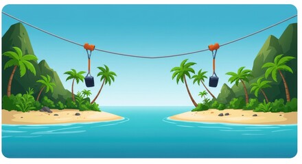 Tropical Zipline Adventure: Island Paradise with Palm Trees and Clear Blue Waters