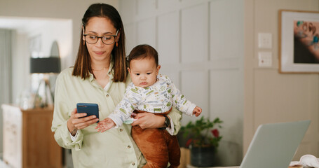 Phone, woman and baby in home for communication, networking or multitasking. Laptop, single mother and child for remote work, research and time management with freelancer mom in house for message
