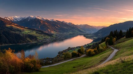 Zell am See Lake Austria Scenic Mountain View at Sunset Light