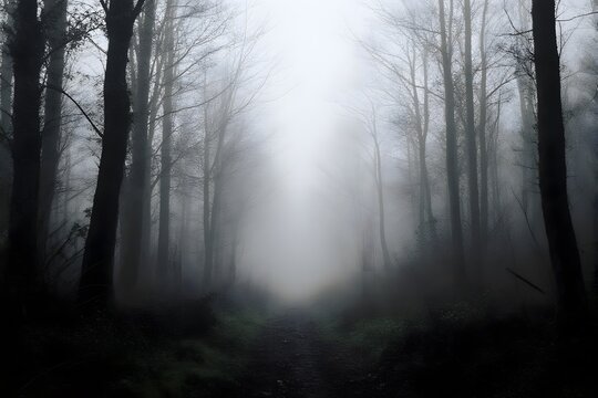 Misty forest path in foggy weather.