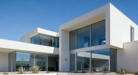 The stunning exterior of a minimalist cubic house, a dream home featuring expansive glass walls and a pristine white facade in a sunny landscape