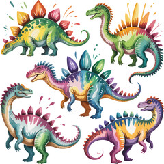 Watercolor Illustration of Five Colorful Stegosaurus Dinosaurs with Unique Designs and Styles on White Background