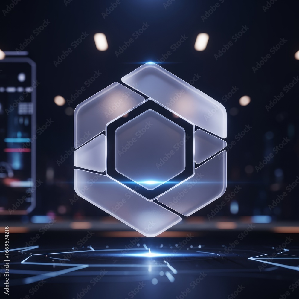 Poster futuristic hexagon design with a glowing core and geometric details on a dark blue background scene