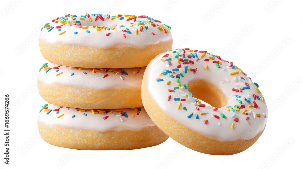 Poster stack of glazed donut with colorful sprinkle isolated on transparent background joyful pastry