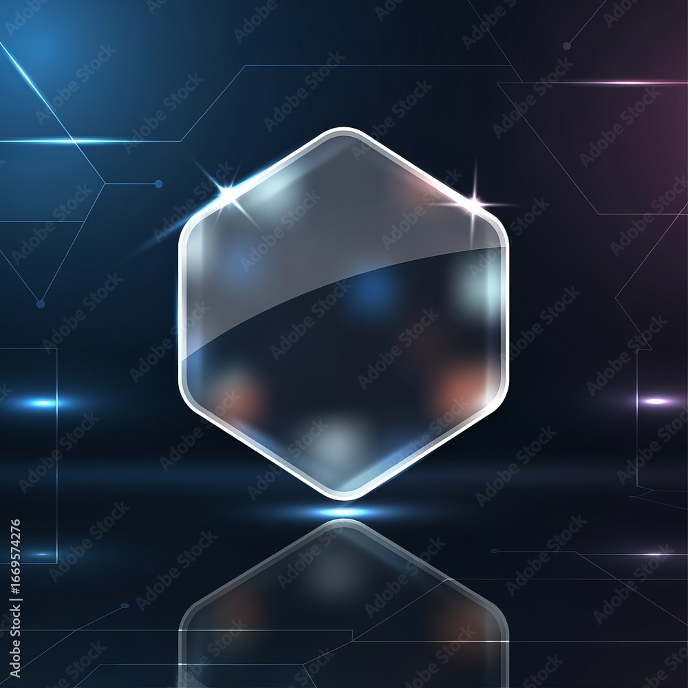 Poster a clear hexagon with reflection on a dark blue background with light streaks and geometric patterns
