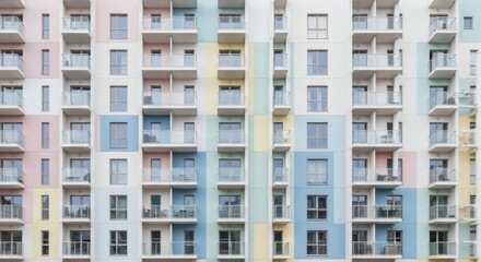 Modern residential building facade with pastel colored geometric patterns and balconies