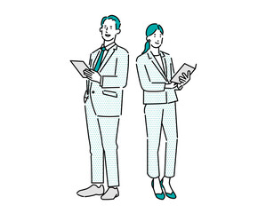 書類またはPCを持つスーツのビジネスパーソンー男女ー全身ークリップボードーベクター線画イラスト素材Business professionals in suits carrying documents or laptops—both men and women—full body—clipboard—vector line art illustration material