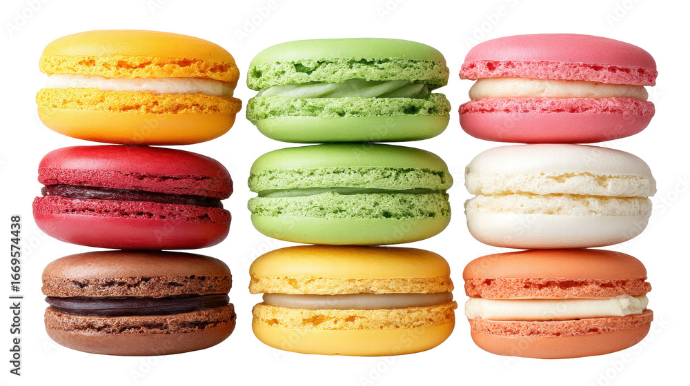 Poster Isolated colorful macarons on transparent background arranged in neat grid with creamy filling and soft texture evoking delight