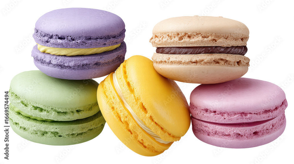 Poster isolated on transparent background colorful macaron assortment with pastel shells and creamy filling