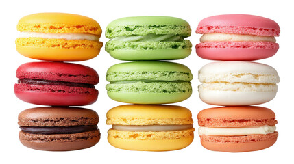 Isolated colorful macarons on transparent background arranged in neat grid with creamy filling and soft texture evoking delight