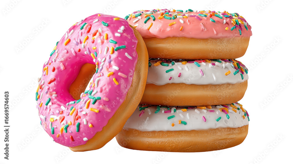 Poster glazed donut with pink icing isolated on transparent background showing colorful sprinkle detail and